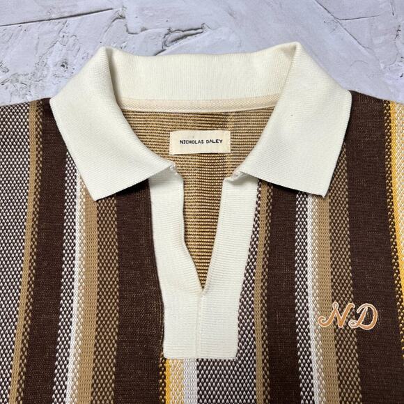 Nicholas Daley Striped Cotton Polo Shirt SIZE M Brown Heavyweight Collar Shirt - Picture 5 of 10